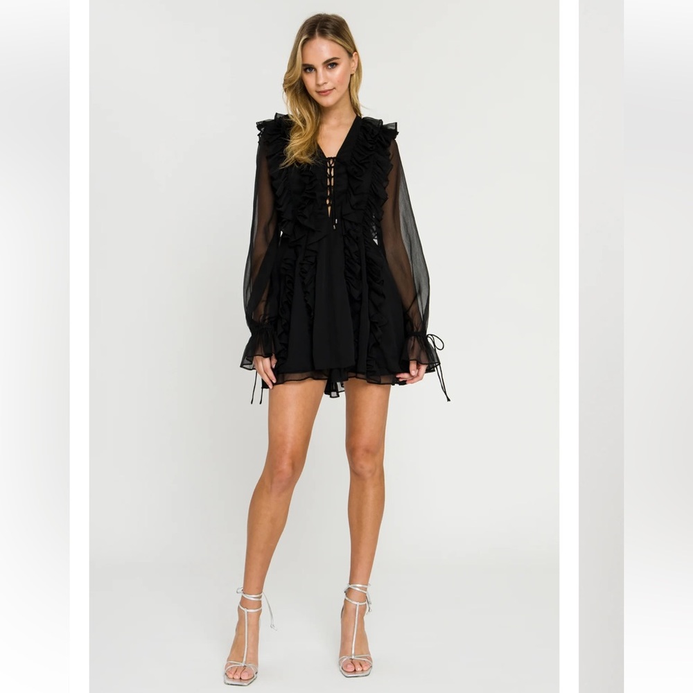 Parisian Long Sleeve Black Ruffle Mini Dress